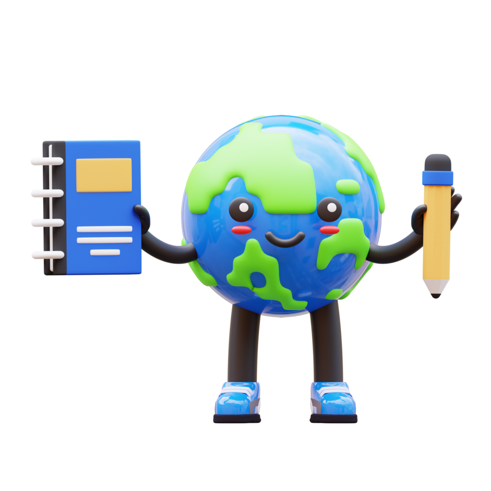 3D Earth character holding a notebook and pencil, representing education and global learning, suitable for educational content and materials png