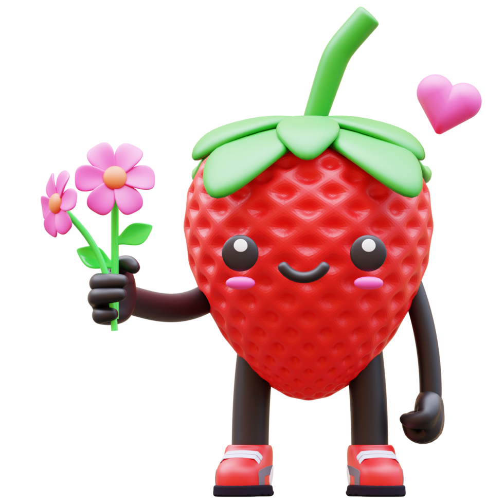 3D Strawberry Character Holding Flowers Suitable For Appreciation And Love Expressions png