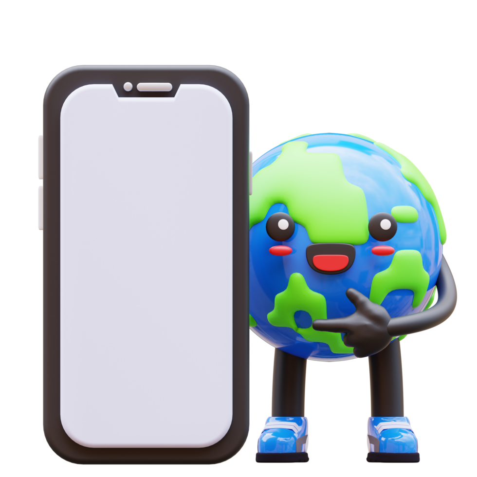 3D Earth character pointing to a blank smartphone screen, great for mobile app mockups, tech solutions, and digital environment related concepts png
