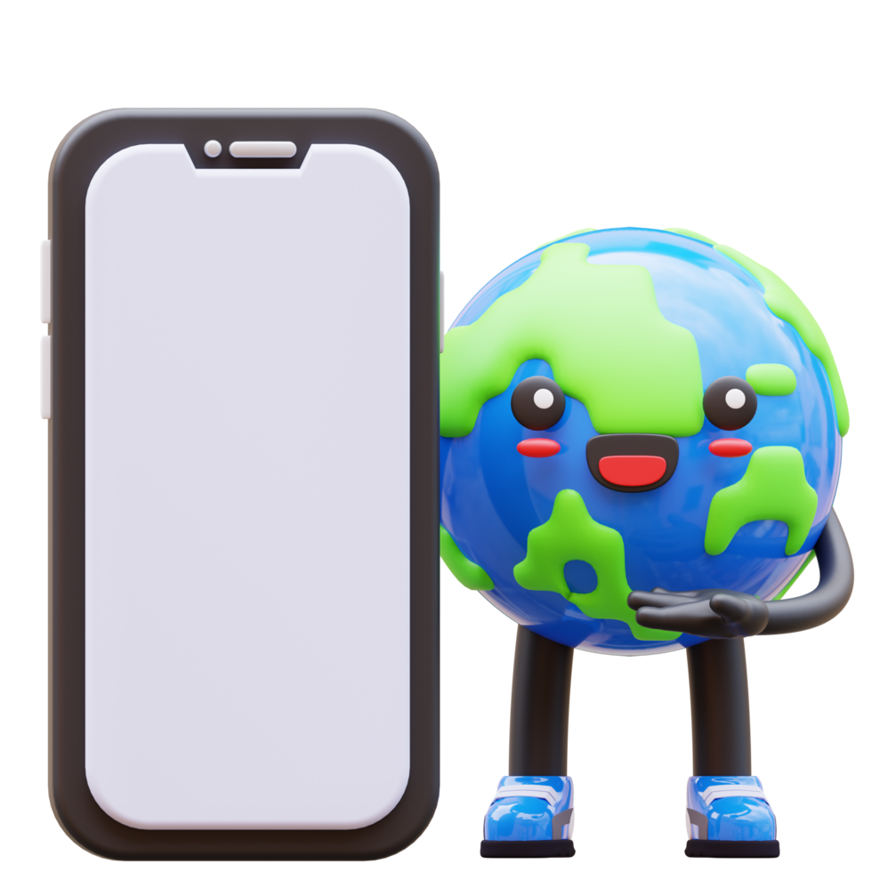3D Earth character with a blank smartphone, perfect for mobile app mockups, technology presentations, or environmental technology solutions png