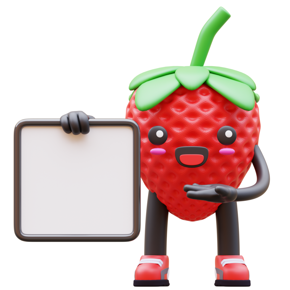 3D Strawberry character holding blank horizontal advertisement board suitable for marketing, advertising, and promotional designs png