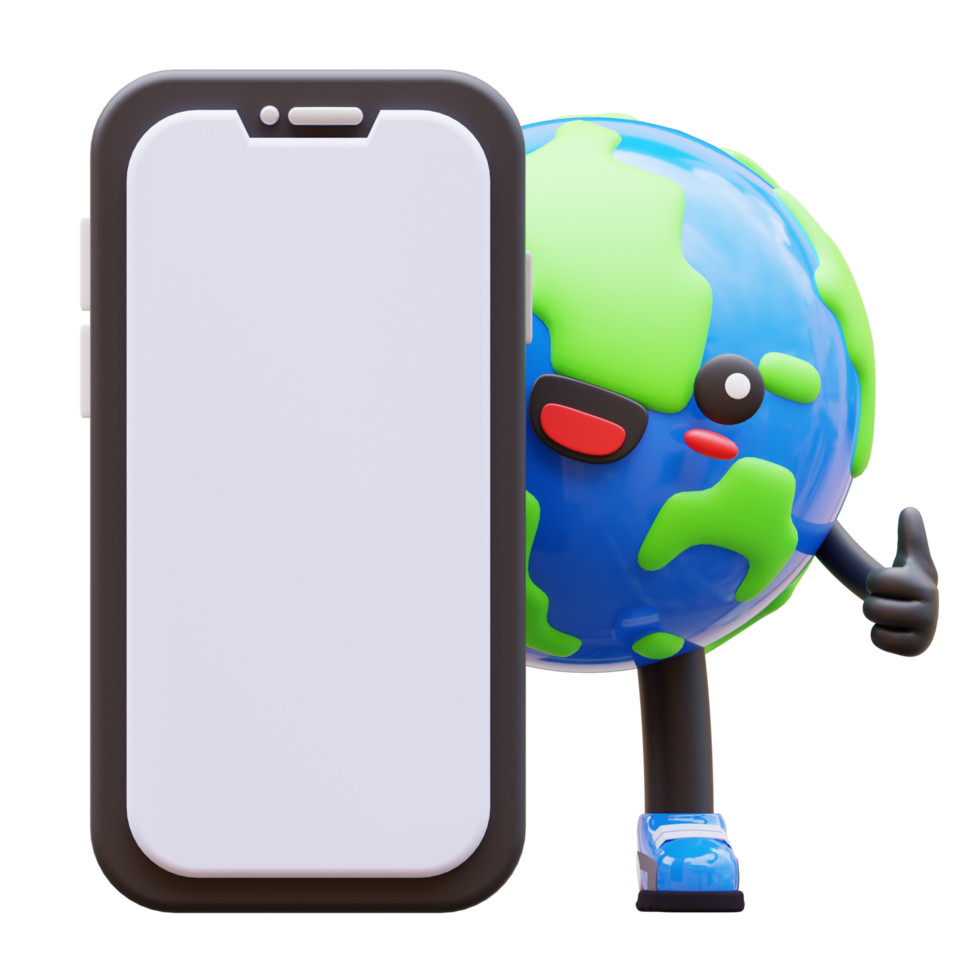 3D Earth character giving a thumbs up next to a blank smartphone, perfect for tech success presentations, mobile app mockups, or eco friendly tech solutions png