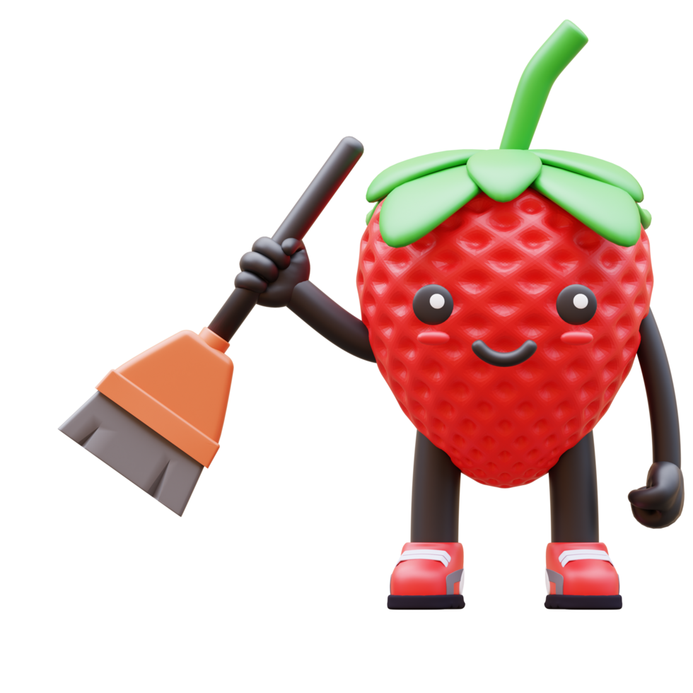 3D Strawberry character holding a broom suitable for cleaning services, maintenance, and household chore related designs png