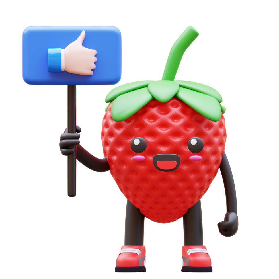 3D Strawberry Character Holding Like Sign Suitable For Social Media Campaigns And Marketing png