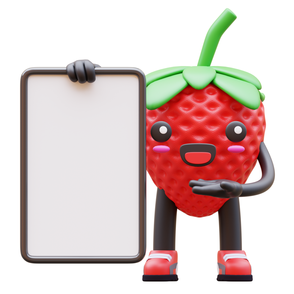 3D Strawberry character holding blank square board with cheerful expression suitable for marketing, advertising, and promotional designs png