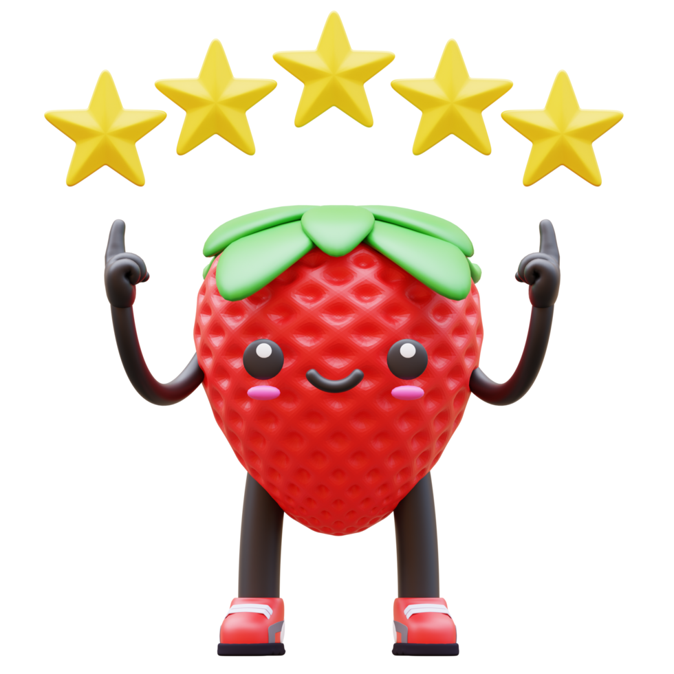 3D Strawberry Character Pointing At Five Stars Suitable For Quality And Rating Concepts png