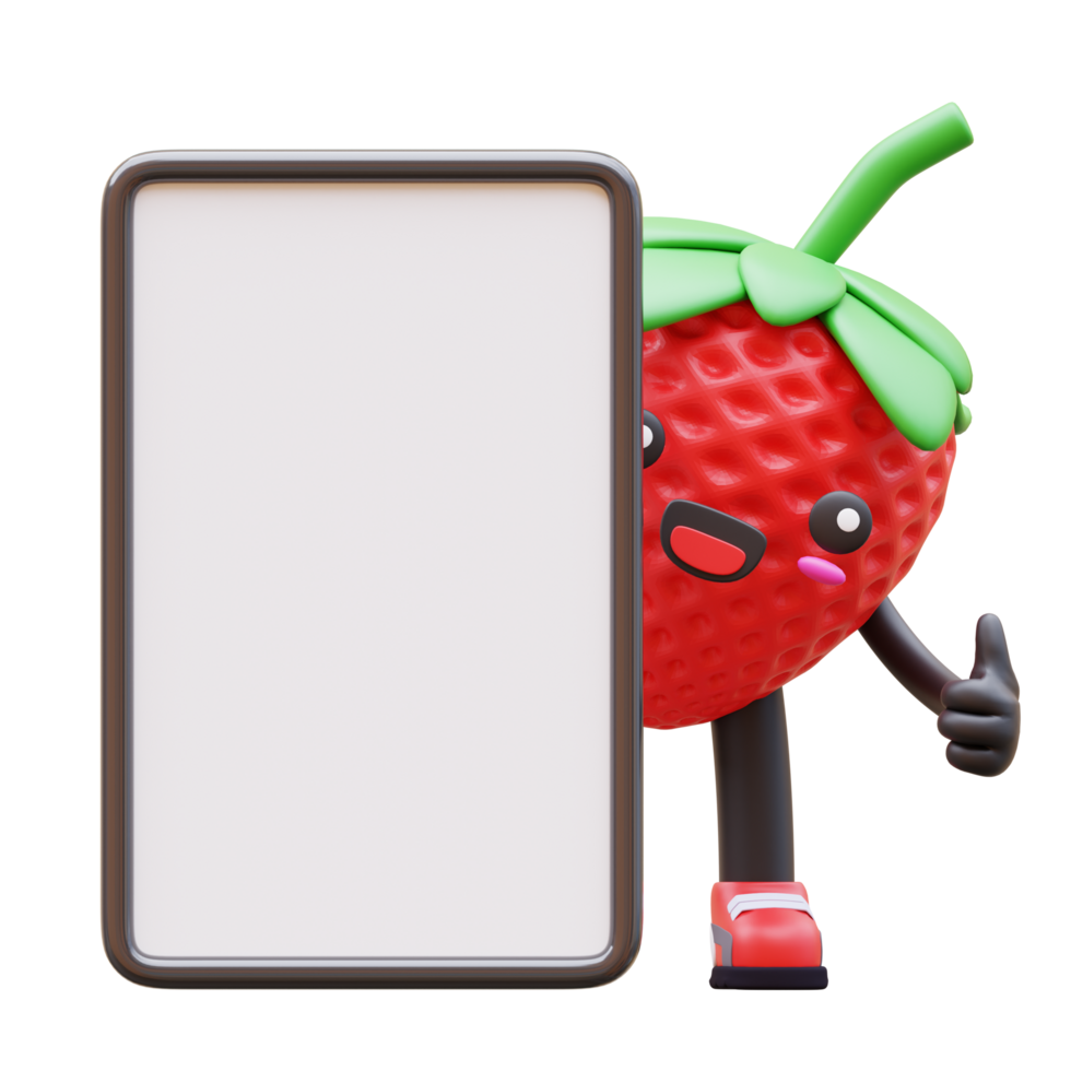 3D Strawberry character holding blank vertical advertisement board with cheerful expression suitable for marketing, advertising, and promotional designs png