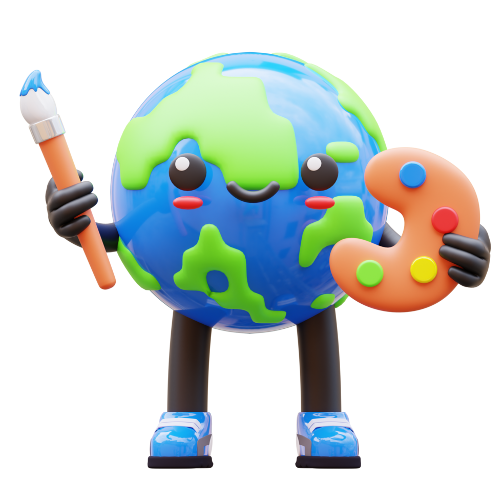 3D Earth character holding an artist brush and palette, representing creativity and global art, suitable for art related content and creative designs png
