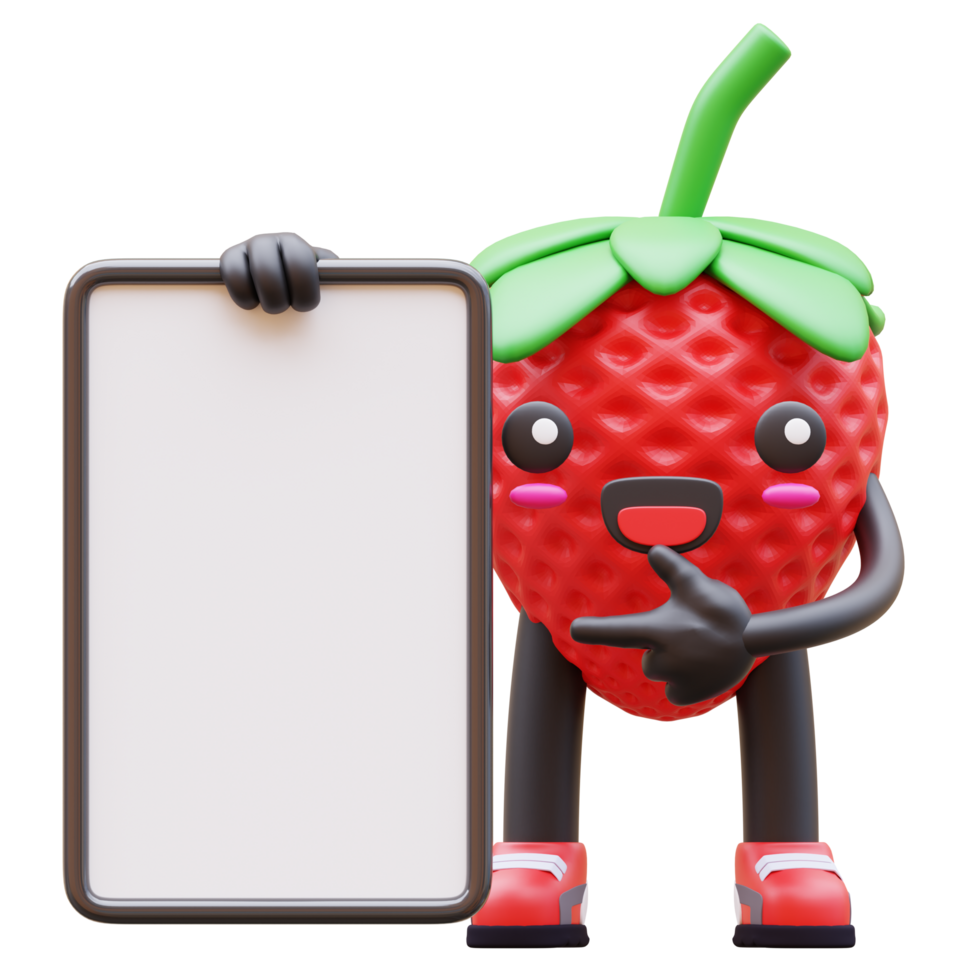 3D Strawberry character holding blank vertical board with hand pointing suitable for marketing, advertising, and promotional designs png