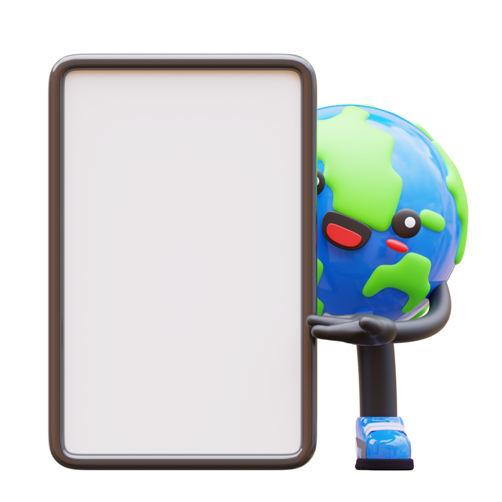 3D Earth character pointing at large blank signboard suitable for advertising, presentations, or marketing png