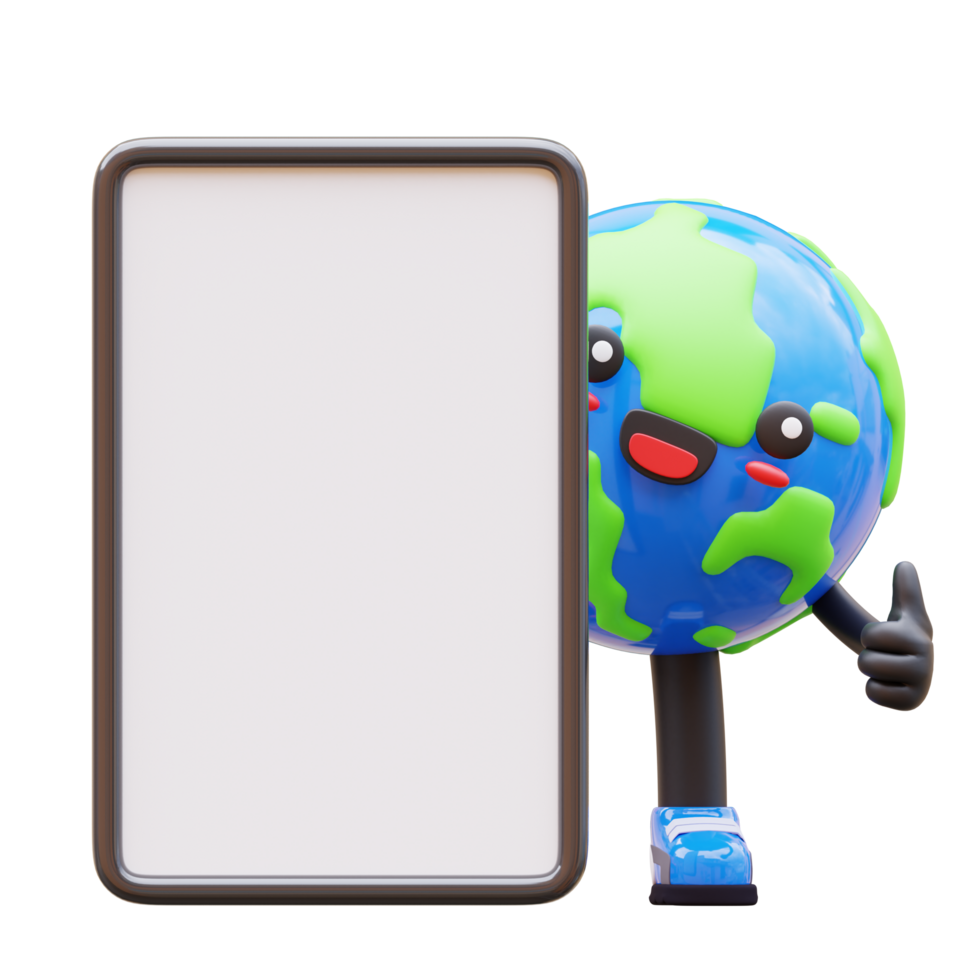 3D Earth character giving a thumbs up with a blank rectangular board, perfect for announcements, promotions, or educational campaigns focused on environmental sustainability png