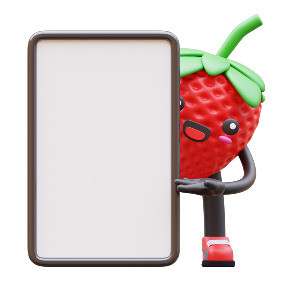 3D Strawberry character holding blank vertical advertisement board suitable for marketing, advertising, and promotional designs png
