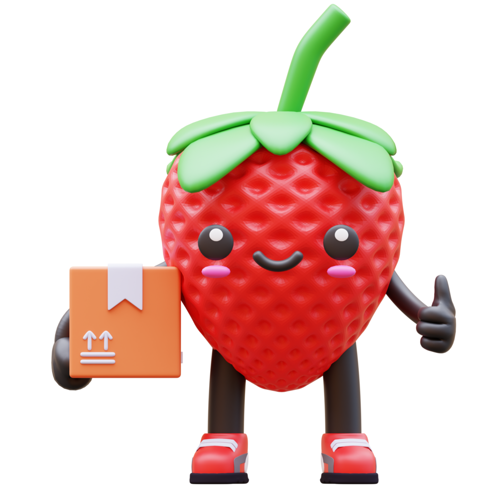 3D Strawberry Character Holding Package Box Suitable For Delivery And Courier Service Concepts png