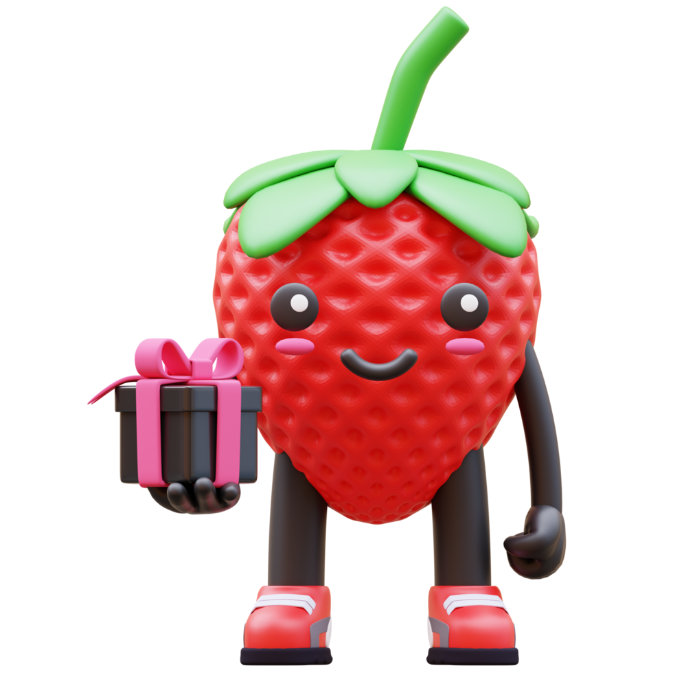 3D Strawberry Character Holding Gift Box, Suitable for Holiday or Gifting Illustrations png