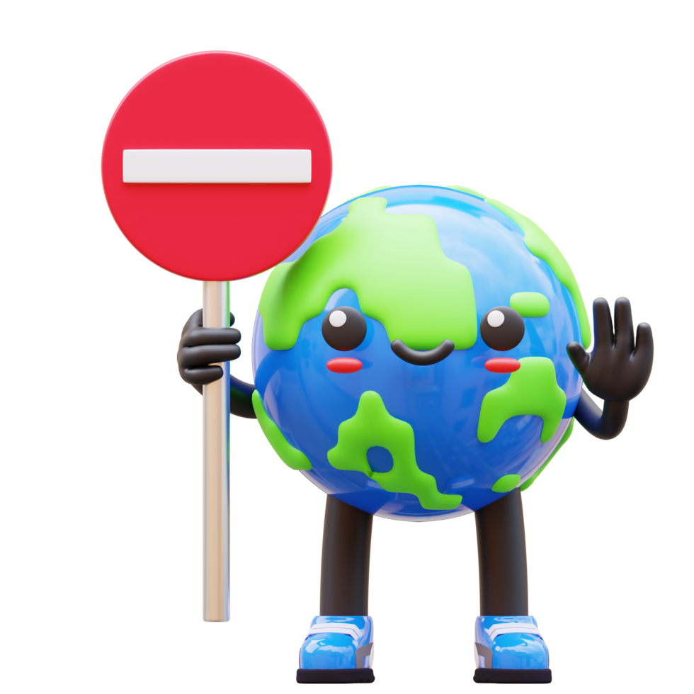 3D Earth character holding a no entry sign, symbolizing restriction and traffic awareness, suitable for traffic regulation and restriction related designs png