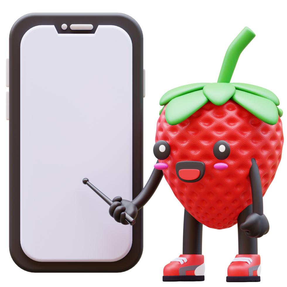 3D Strawberry character holding blank smartphone screen with pointer suitable for mobile app presentations, tech tutorials, and digital marketing png