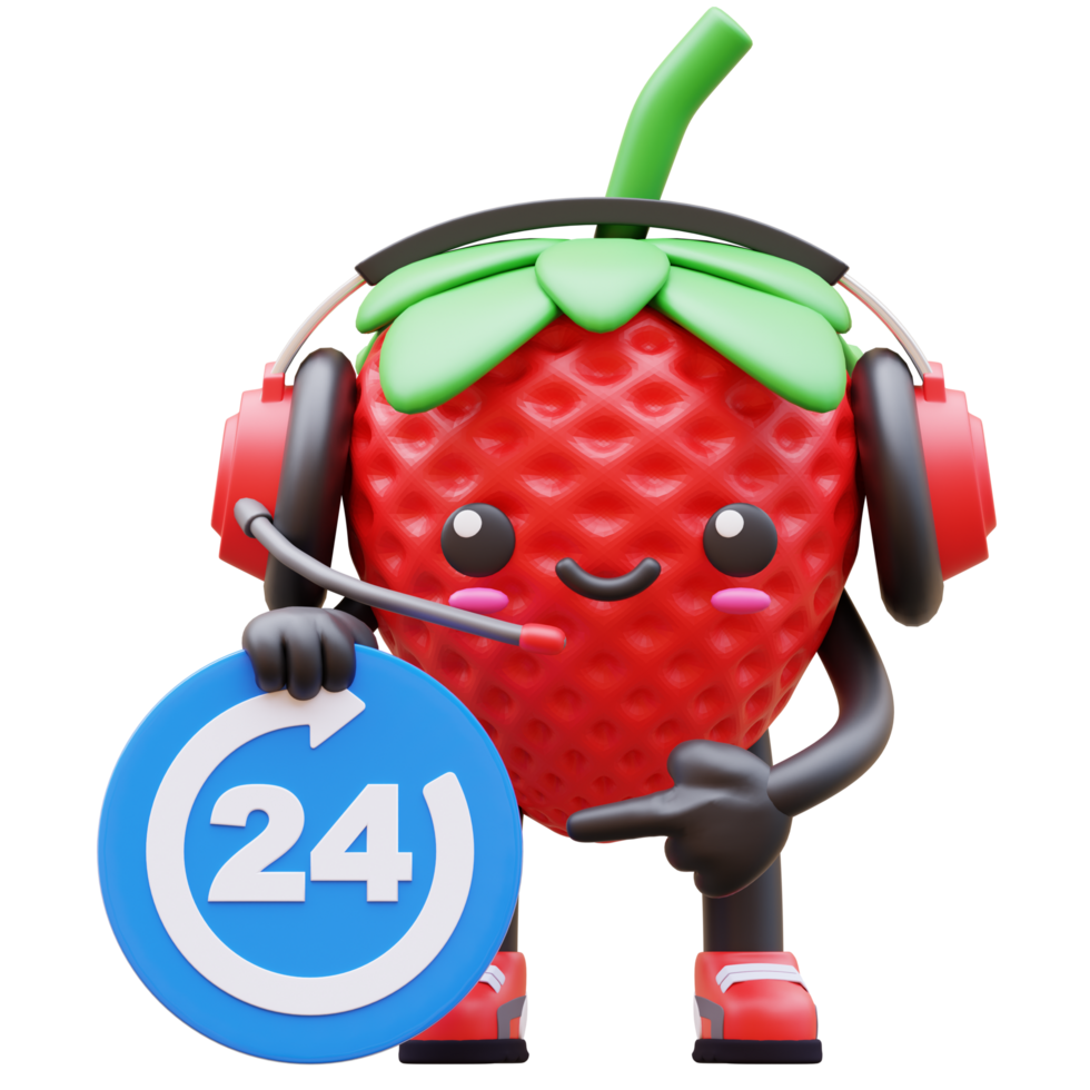 3D Strawberry Character With Headset Holding 24 Hours Icon Suitable For Customer Service Or Support Concepts png