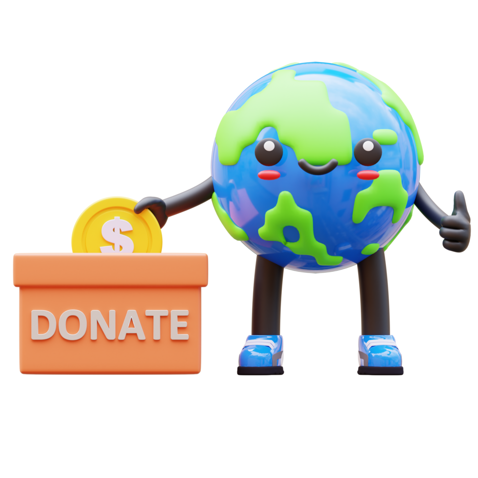 3D Earth character holding donation box, symbolizing global charity and donations, suitable for charity and donation related designs png