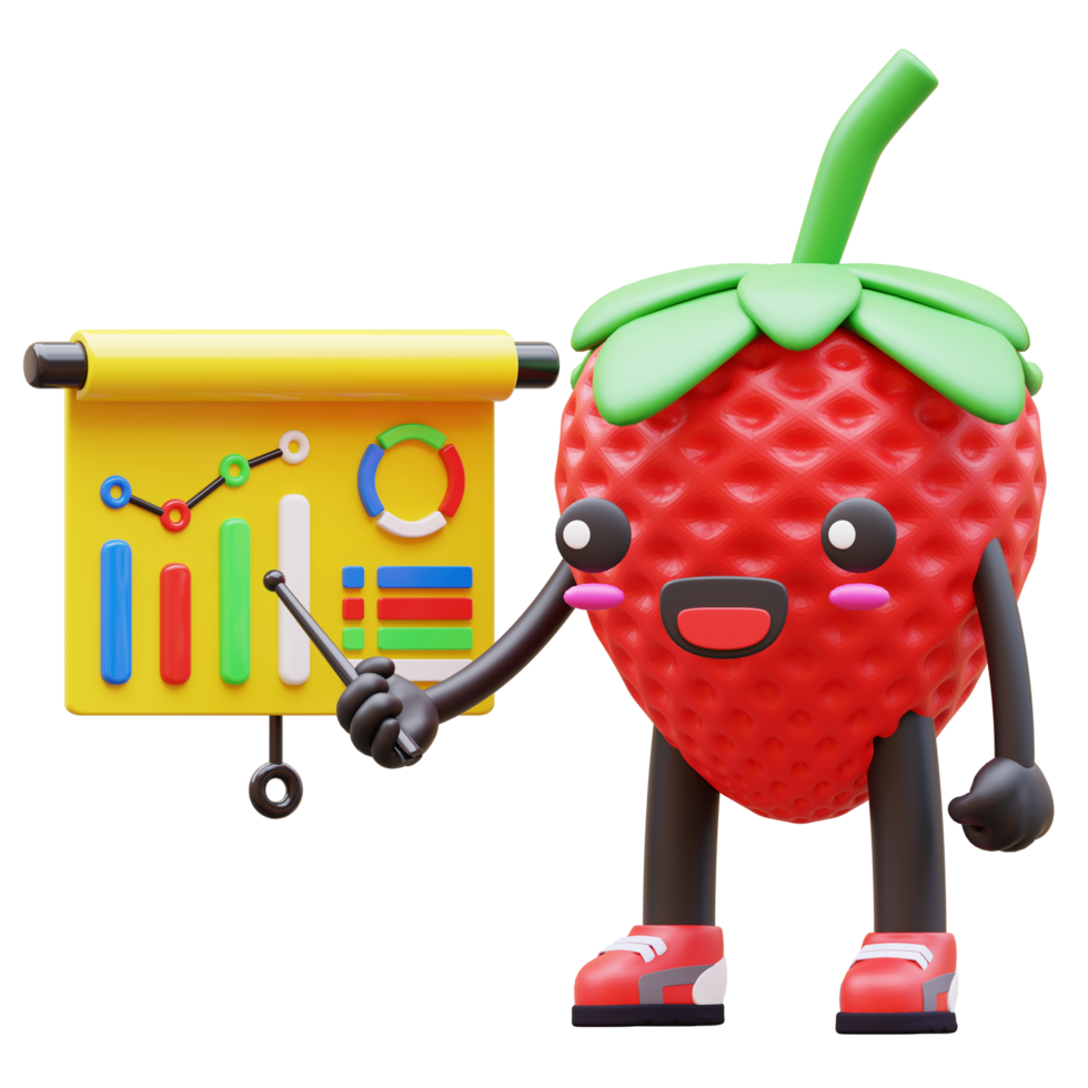 3D Strawberry Character Pointing At Graph With Trend Lines Suitable For Financial Analysis png