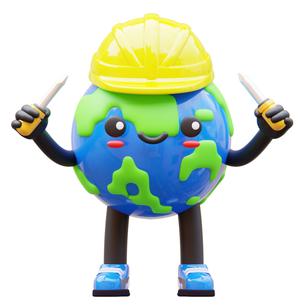 3D Earth character in helmet with screwdrivers, ideal for repair and maintenance concepts png
