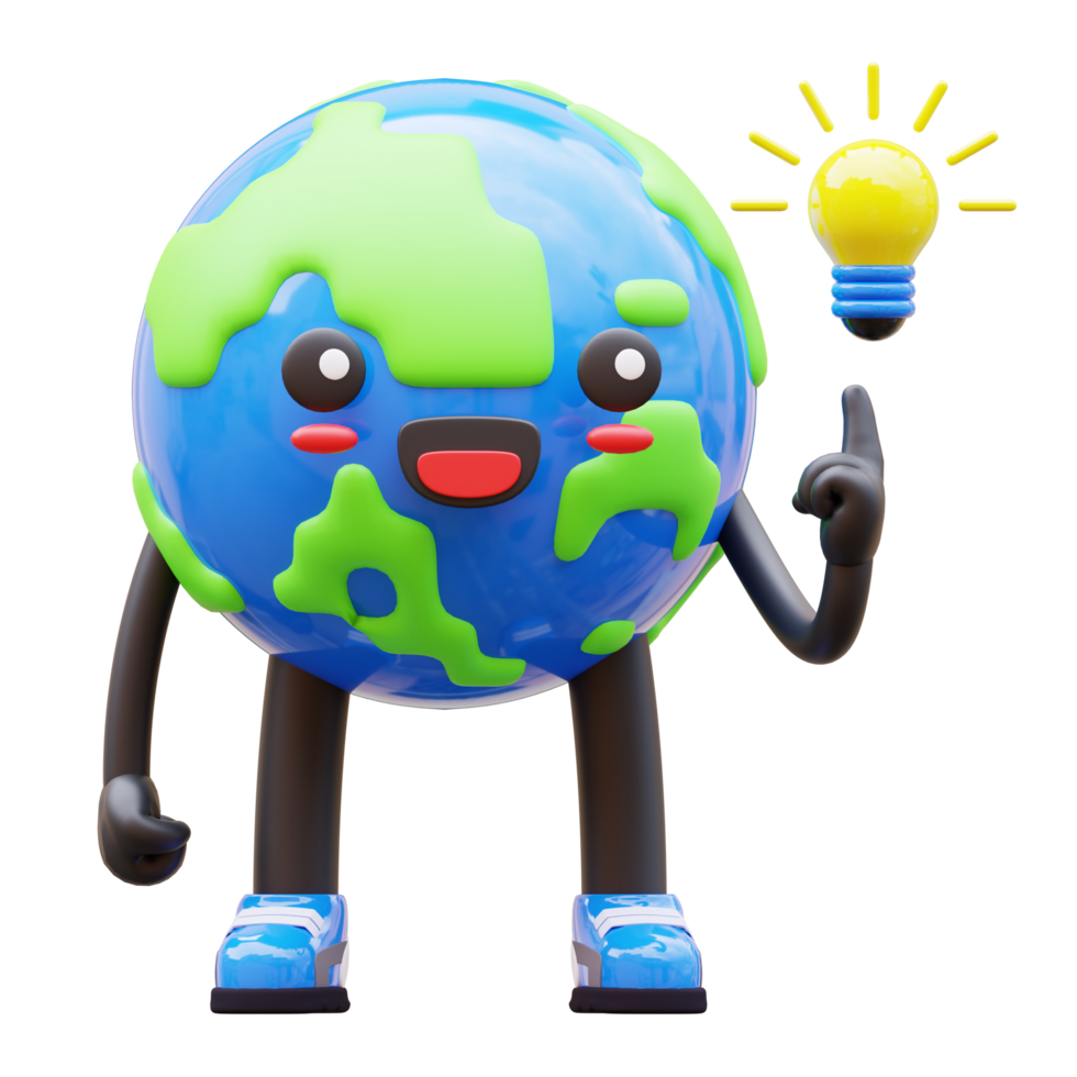 3D Earth character holding a lightbulb, representing global ideas and innovation, suitable for idea generation and innovation related designs png