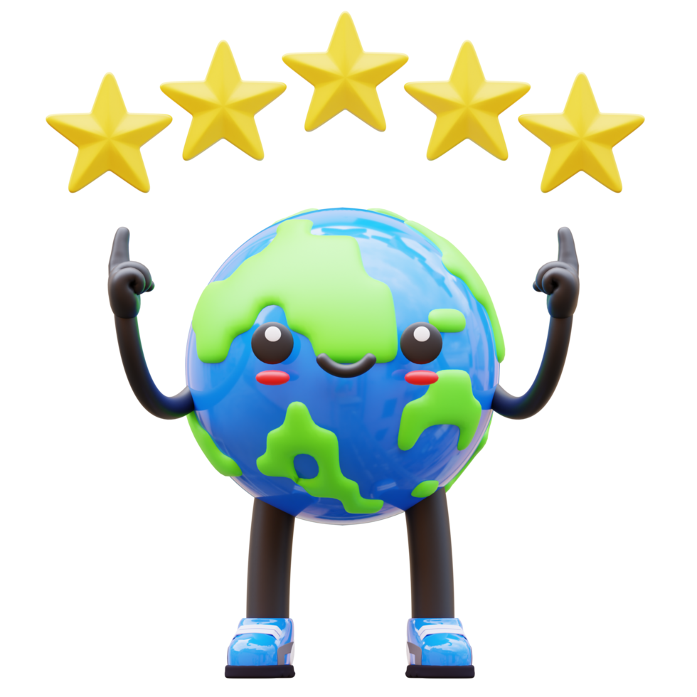 3D Earth character pointing at 5 stars, suitable for ratings, quality assurance, or positive feedback in environmental or global contexts png