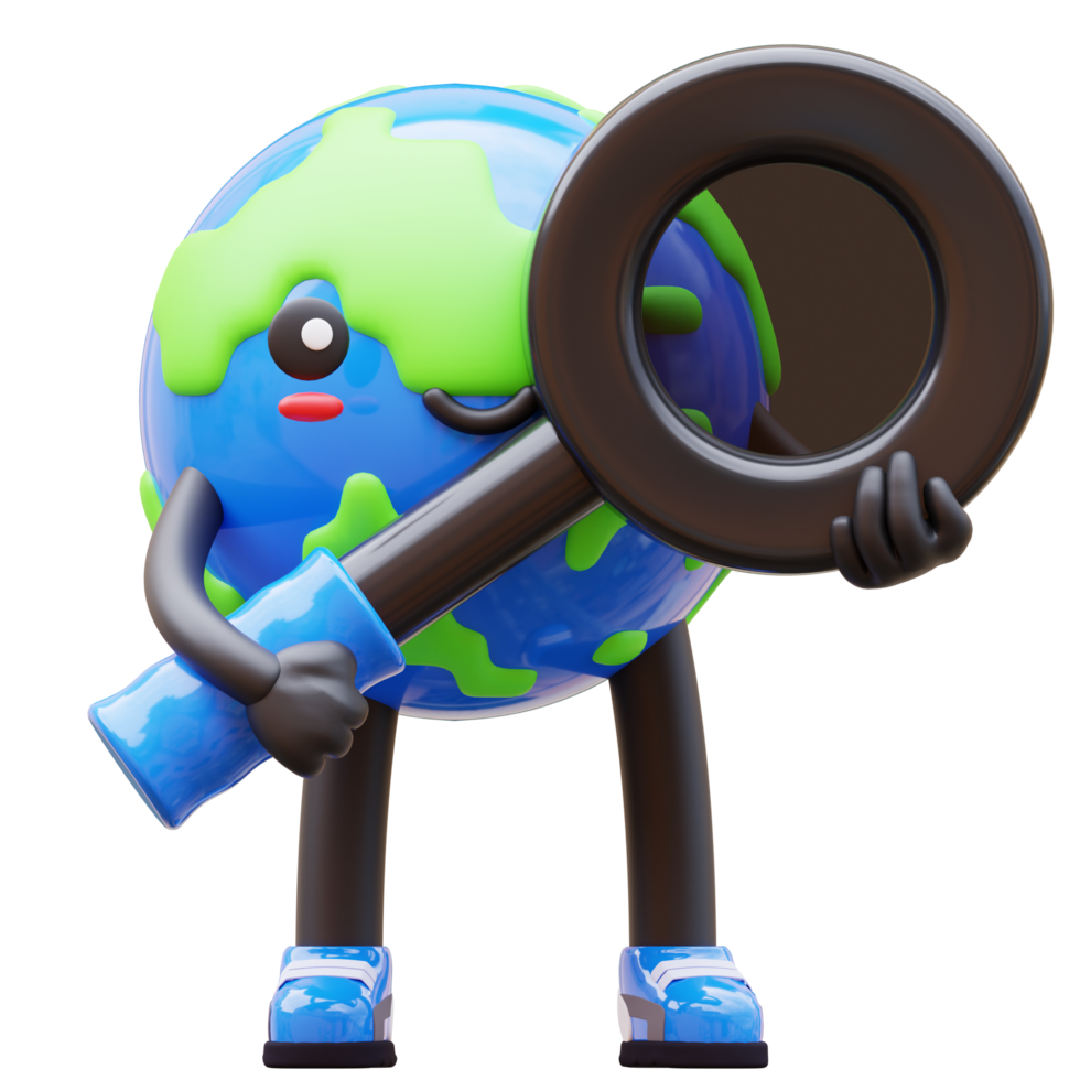 3D Earth character holding magnifying glass, representing discovery and research globally png