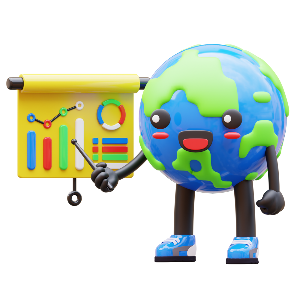 3D Earth character teaching with charts, ideal for business, statistics, and educational presentations png