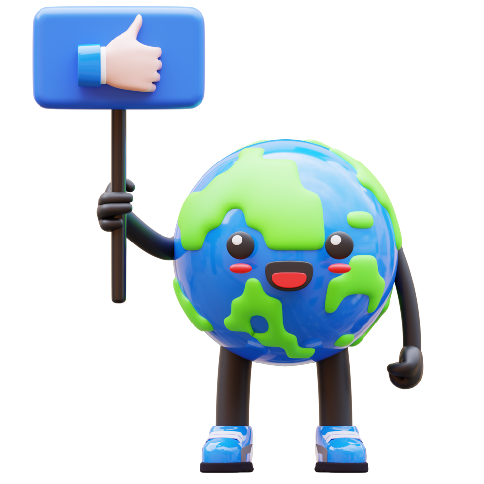 3D Earth character holding a thumbs up sign, promoting positivity and global approval, suitable for positive messaging and approval related content png