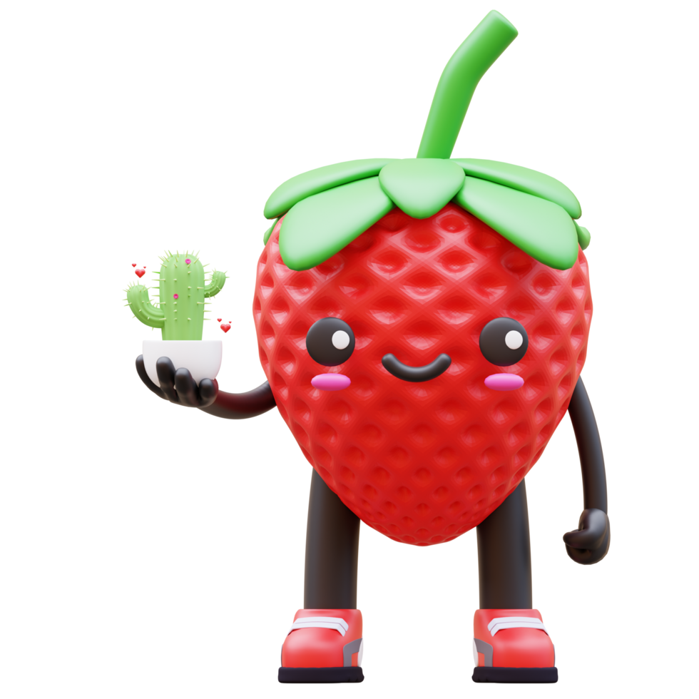 3D Strawberry Character Holding Cactus Suitable For Gardening And Plant Care Concepts png