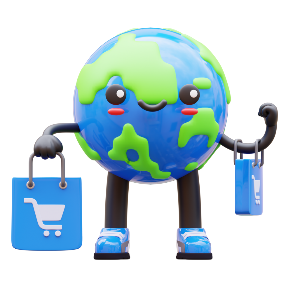 3D Earth character holding shopping bags, representing global shopping and commerce, suitable for e commerce and retail related designs png