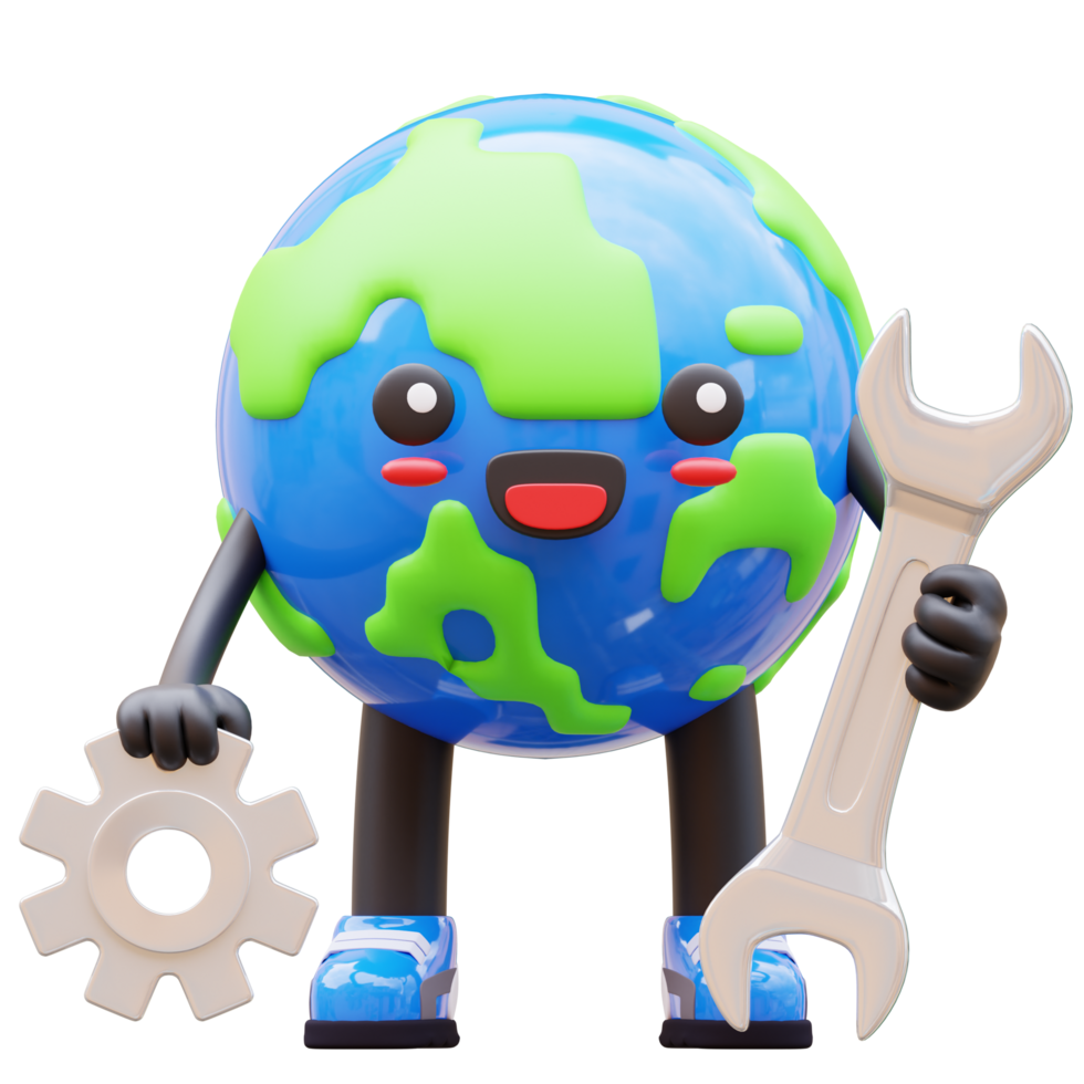 3D Earth character holding wrench and gear, representing global repair and engineering, suitable for mechanical and engineering concepts png