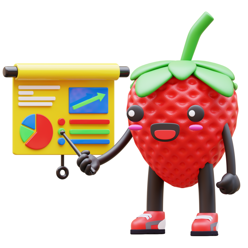 3d morango personagem apresentando uma torta gráfico com crescimento seta adequado para o negócio analytics png