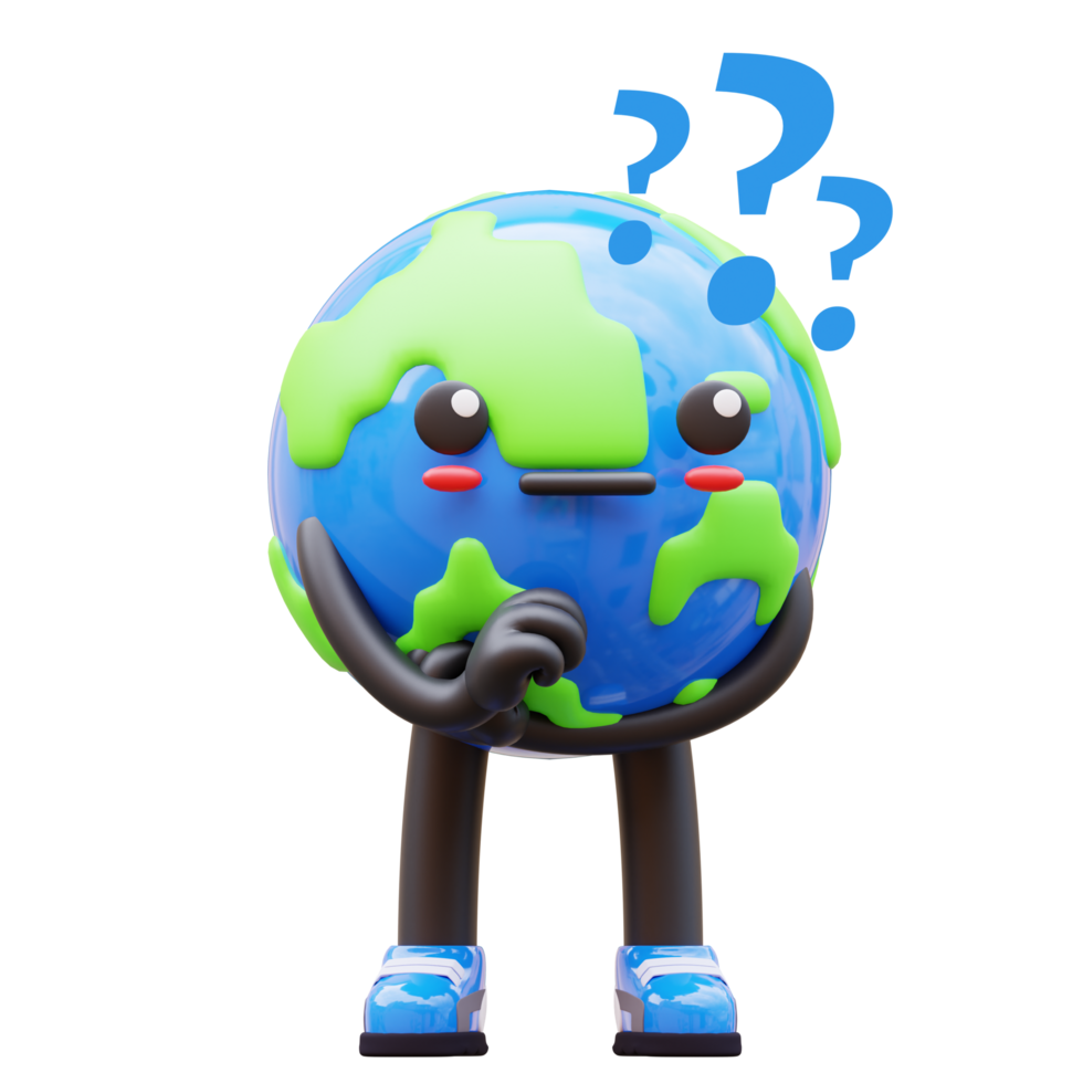3D Earth character looking confused with question marks, symbolizing curiosity and problem solving, suitable for questions and problem solving related content png