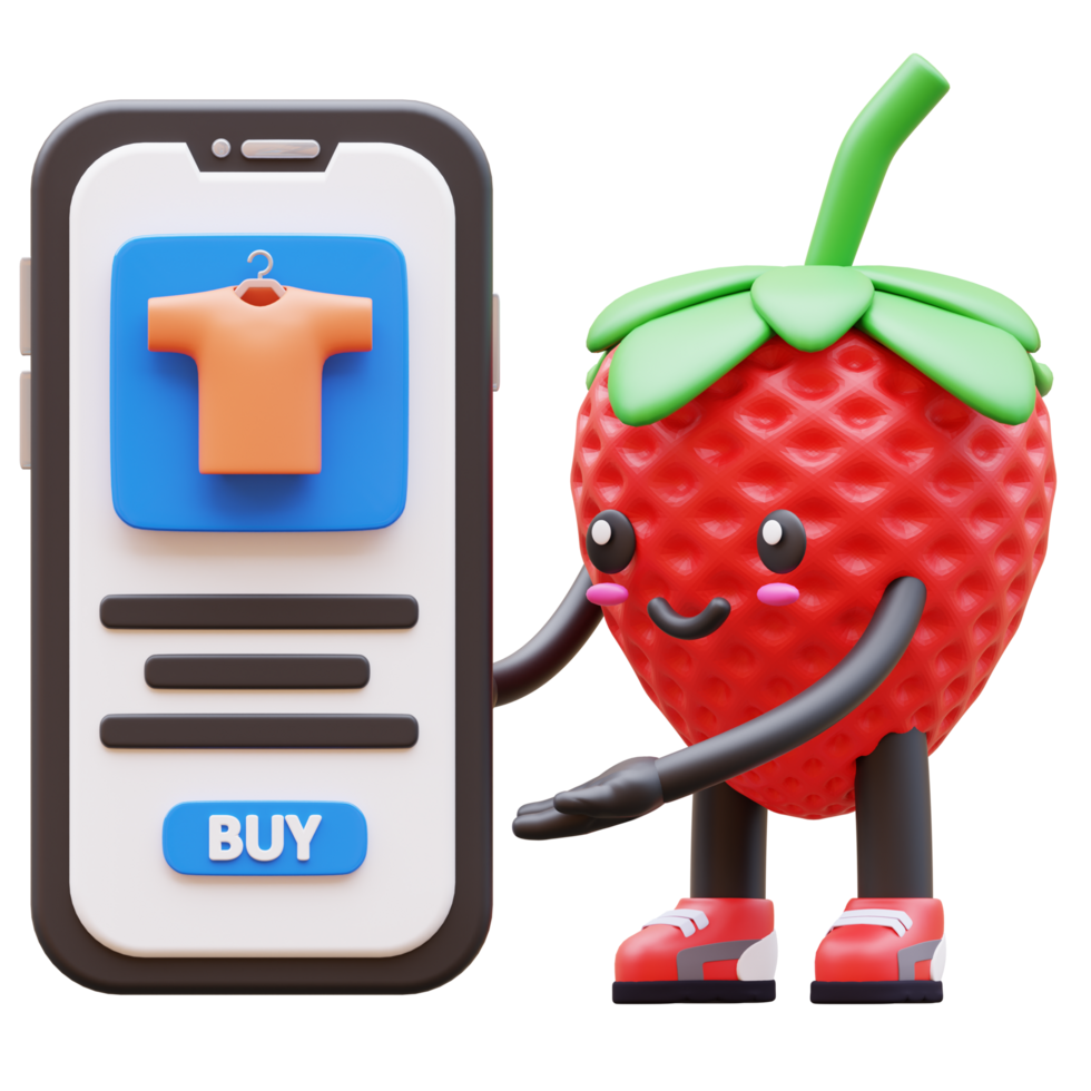 3D Strawberry Character Showing Mobile Shopping App Suitable For ECommerce And Digital Shopping Concepts png