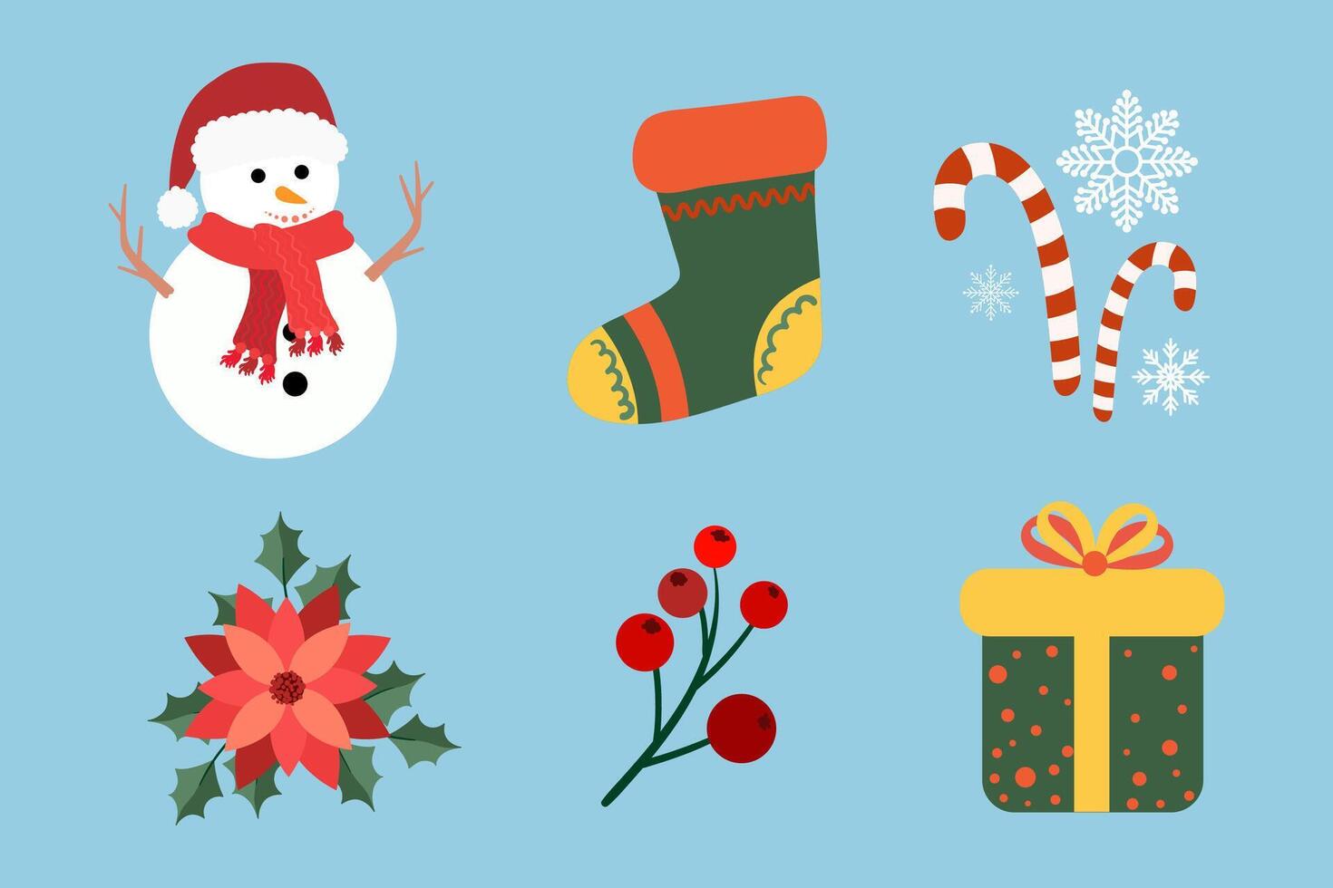 Flat Christmas cartoon elements collection, snowman, Santa sock, candy cane, poinsettia vector