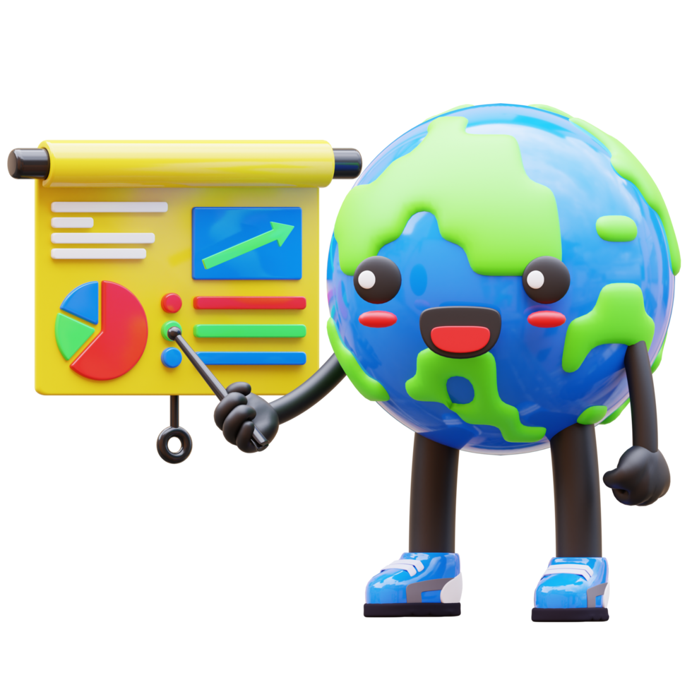 3D earth character presenting graph with rising arrow, suitable for financial and business presentations png