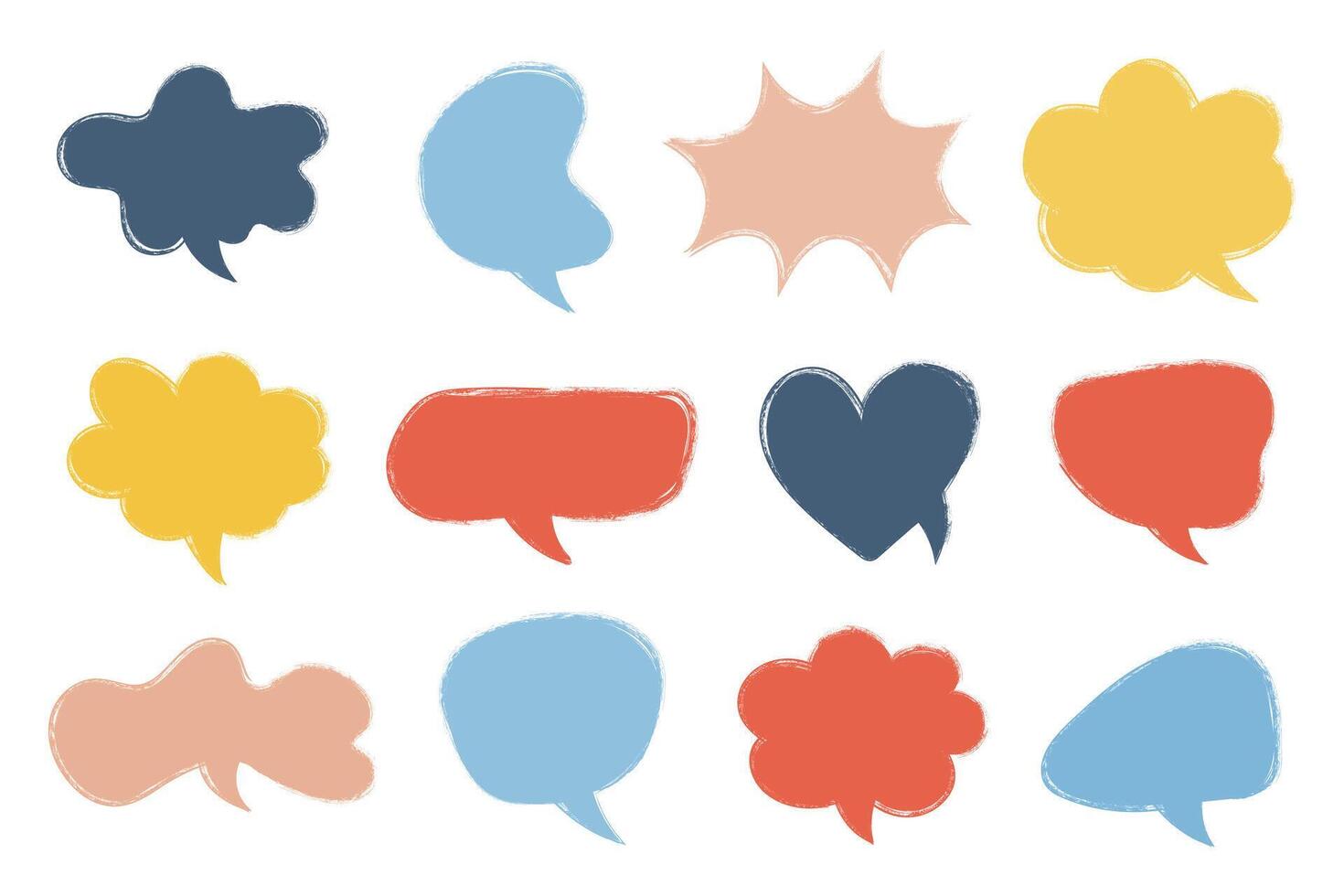 Grunge crayon drawn colourful speech bubbles icon set. Textured doodle dialog bubbles set vector
