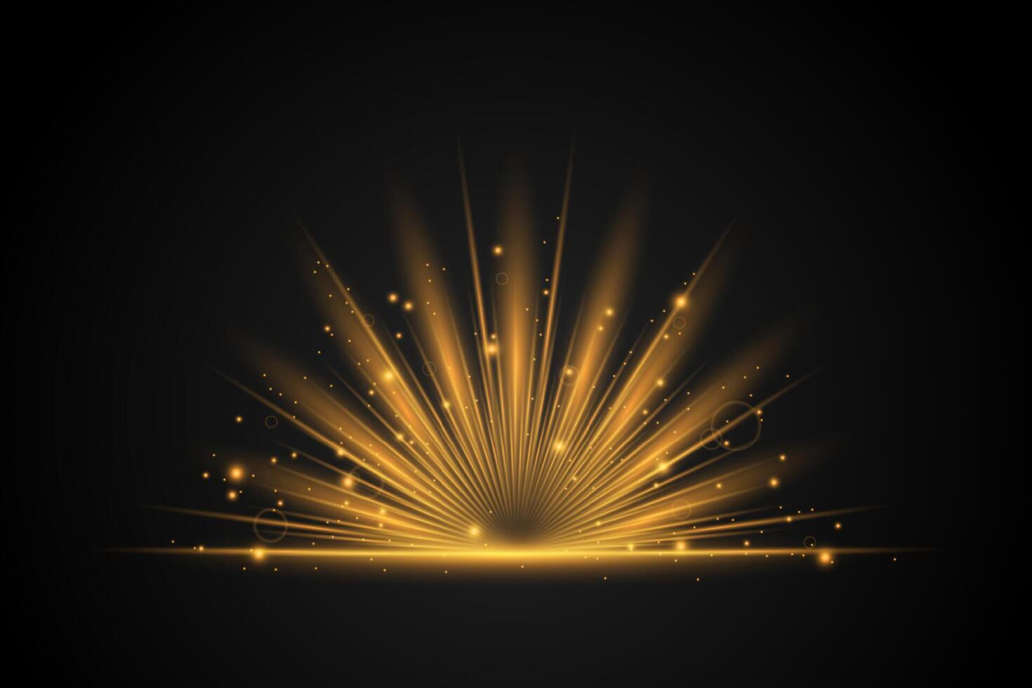 Golden bursting rays of light effect. Transparent glowing sunrise light effect with sparkles vector
