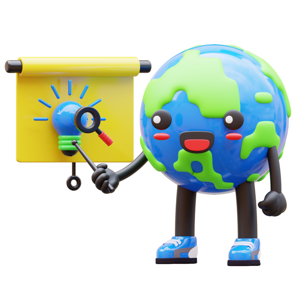 3D earth character presenting light bulb idea with magnifying glass, great for innovation or creative presentations png