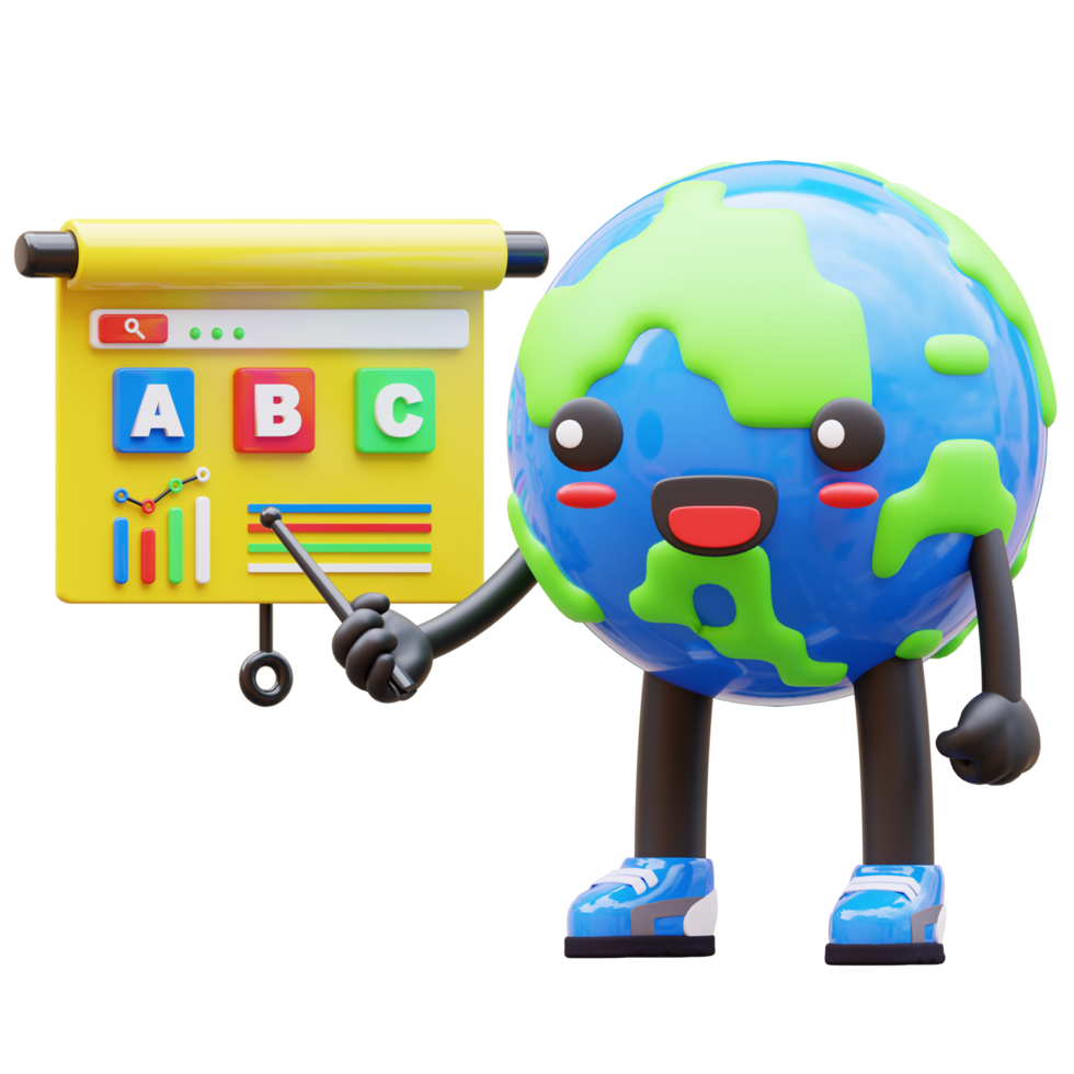 3D earth character presenting ABC blocks and graph, perfect for educational and school content png