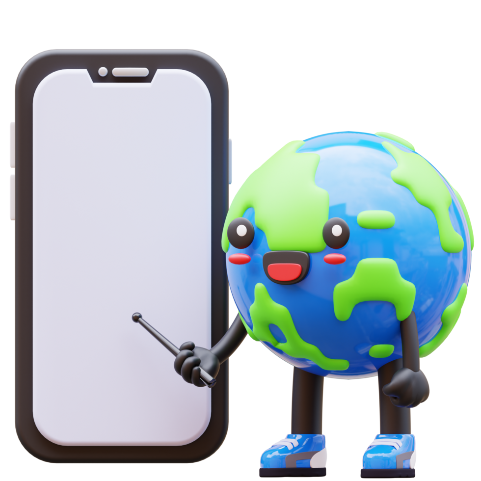 3D Earth character with a pointer and blank smartphone, useful for educational technology presentations or mobile app mockups png