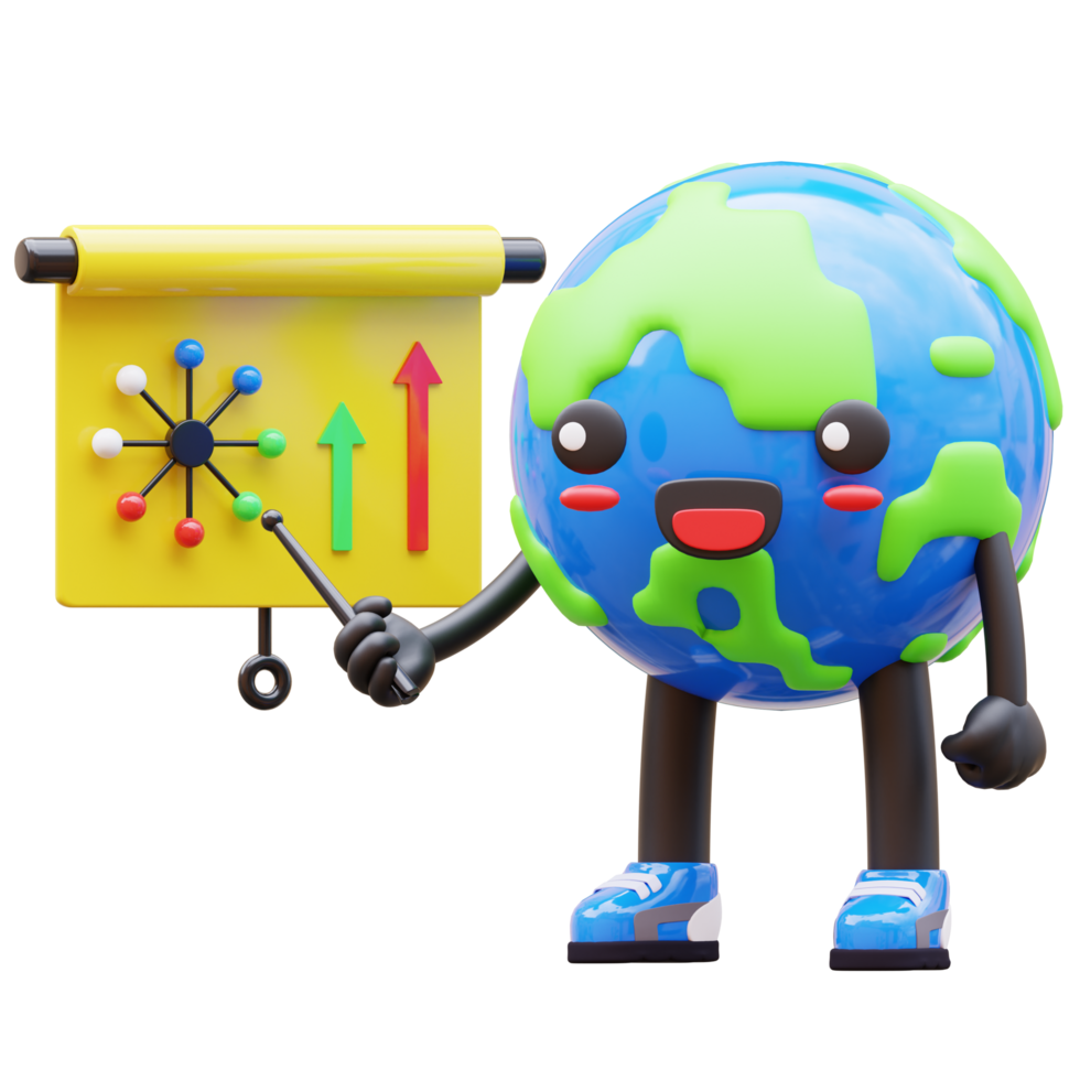 3D earth character presenting network diagram with arrows, perfect for business and network analysis png