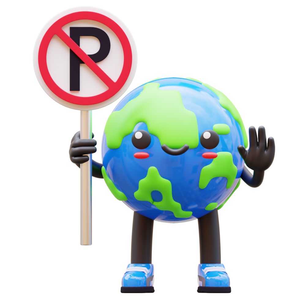 3D Earth character holding no parking sign, promoting traffic awareness and environmental protection png