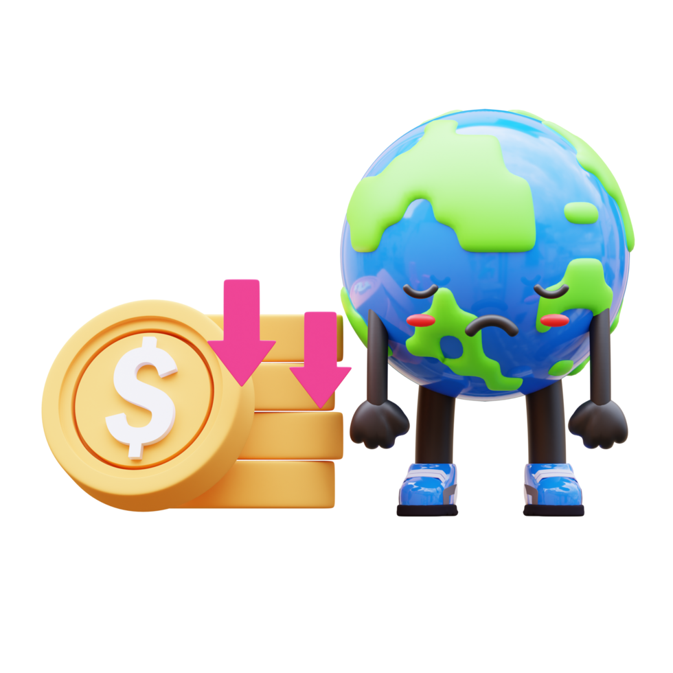 3D Earth character sad beside falling coins, perfect for economic crisis or loss themed content png