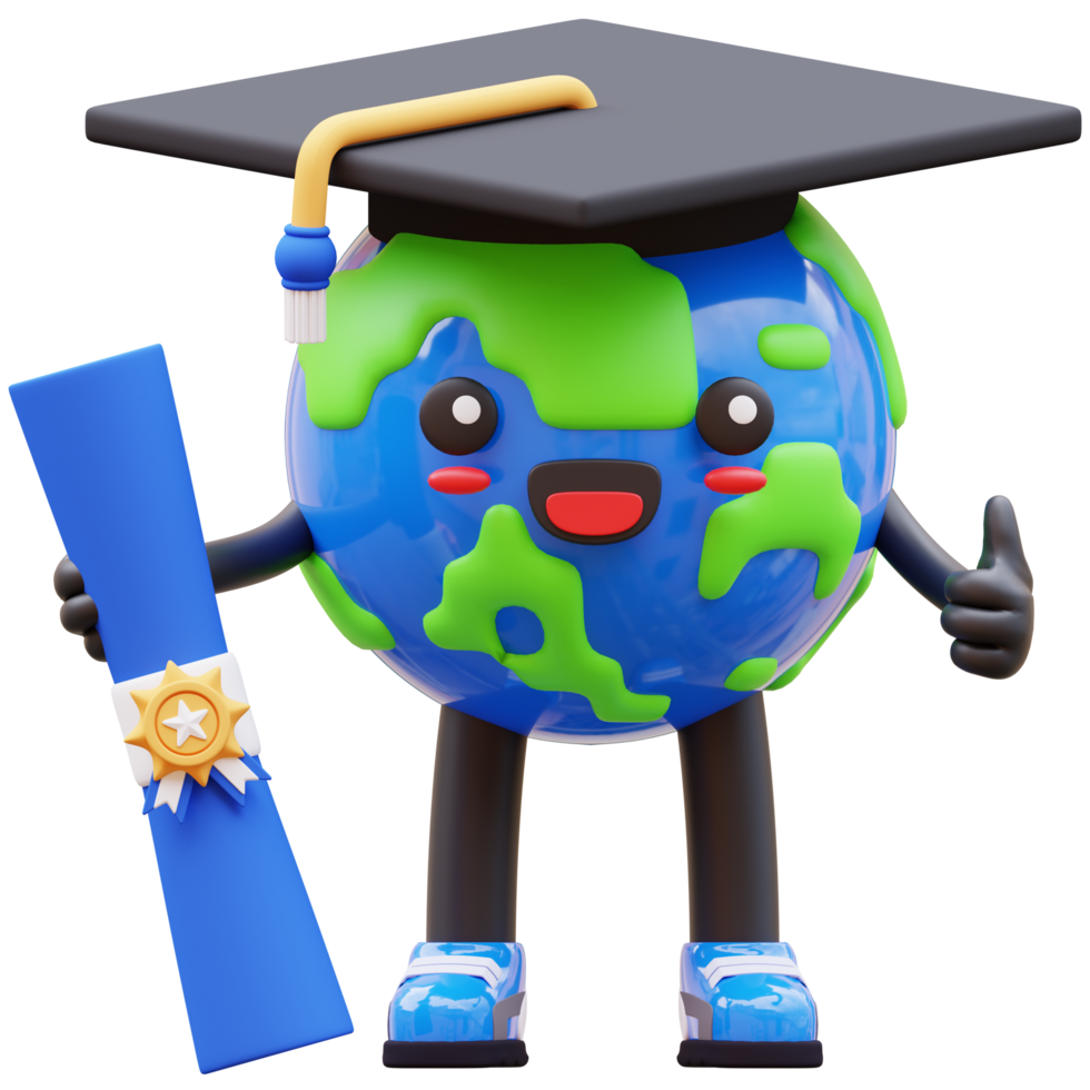 3D Earth character in a graduation cap holding diploma, ideal for educational themes png