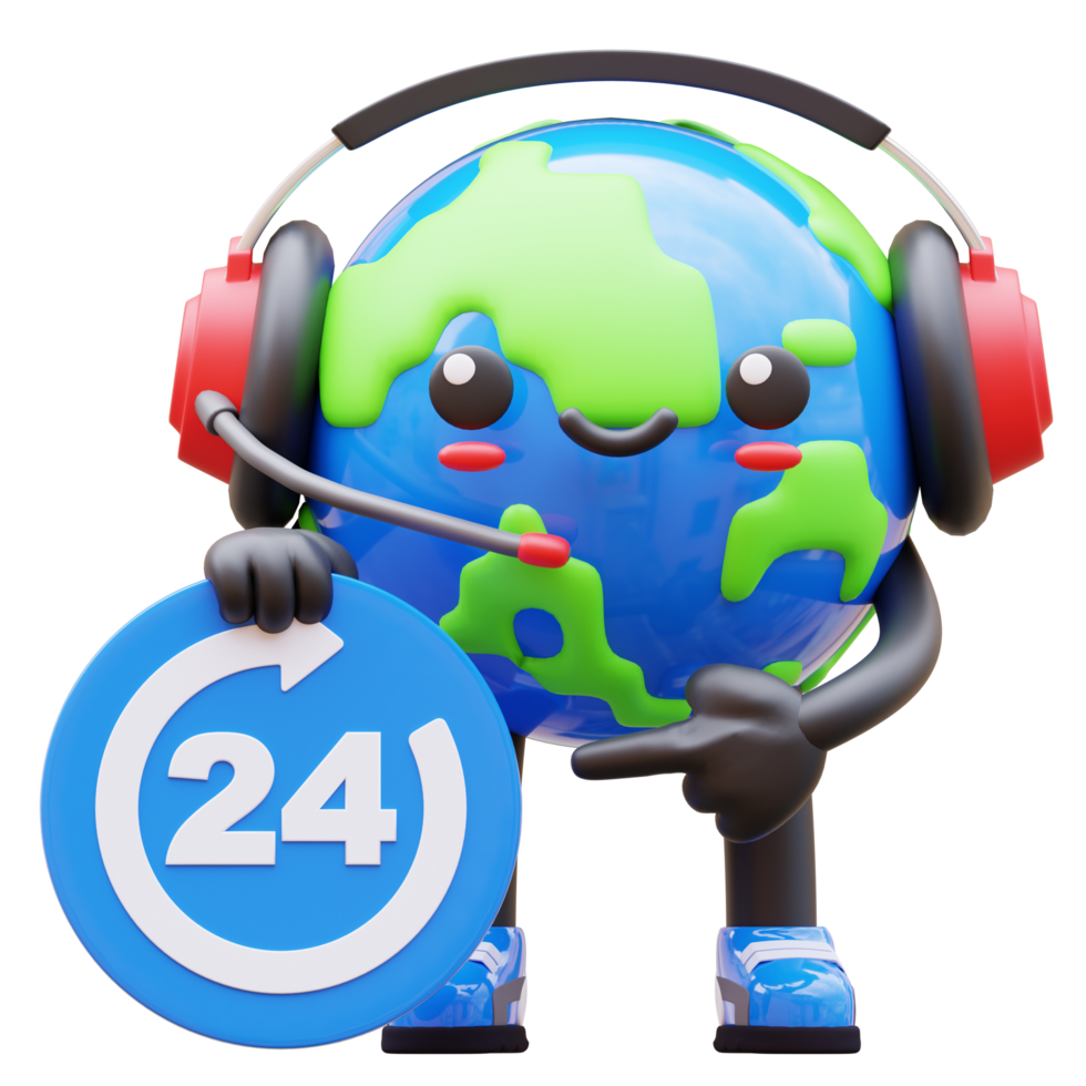3D Earth character with headphones and 24 7 customer service sign, suitable for support service themes png