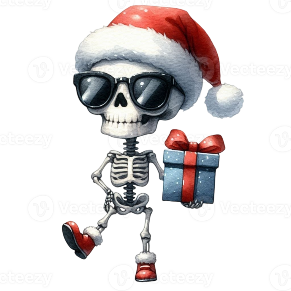 Skeleton with sunglasses and santa hat holding a gift png