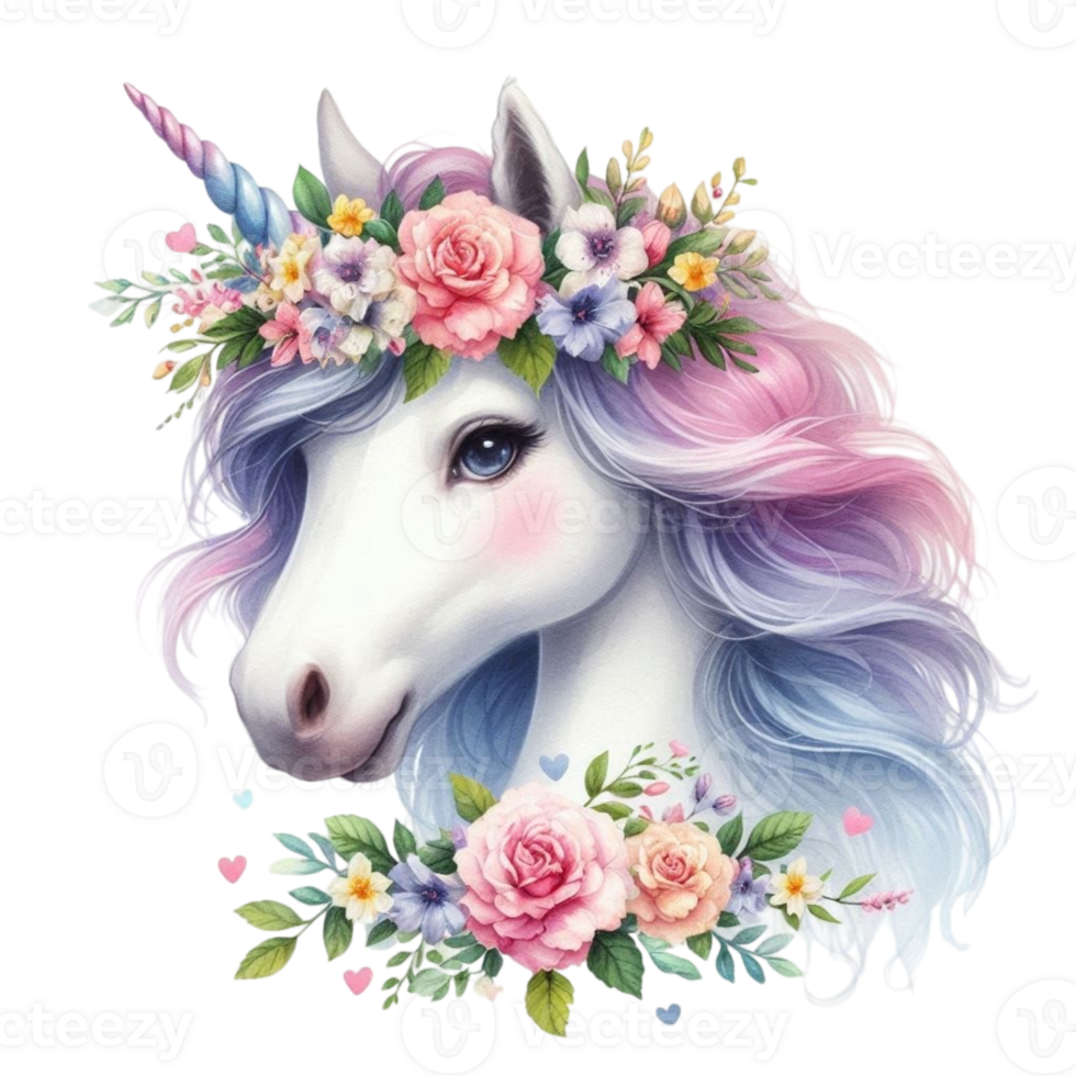 aigenerated unicorn with flowers on its head png