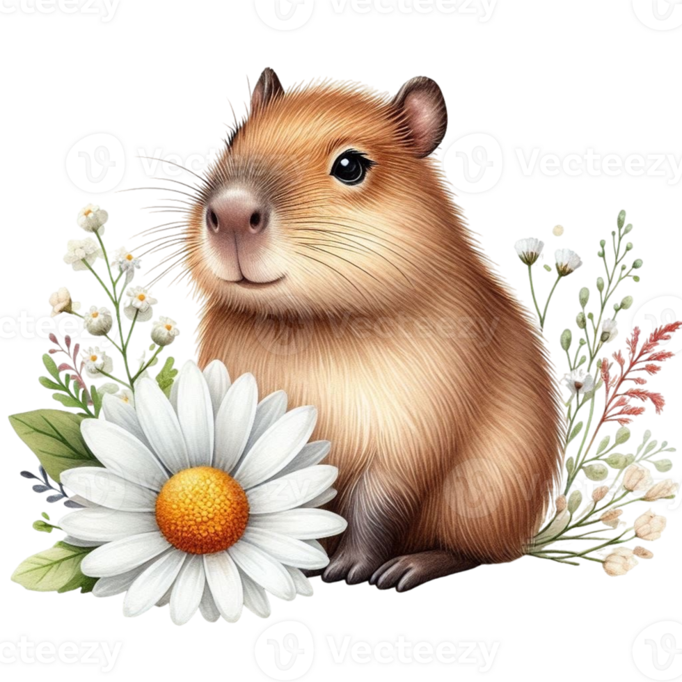 aigenerated a cute capy with flowers on a white background png